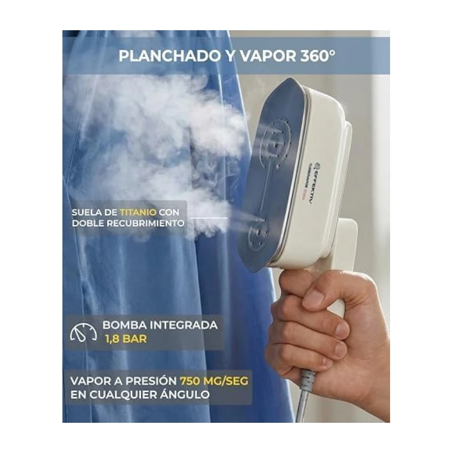 EFFEKTIV - Plancha de Viaje 1030X - Mini Plancha de Vapor Vertical de Mano 3 en 1 Plegable - 1600W - 6 Modos Steamer - Calentamiento Rápido 20s - Depósito 180ml - Suela de Titanio - Portátil