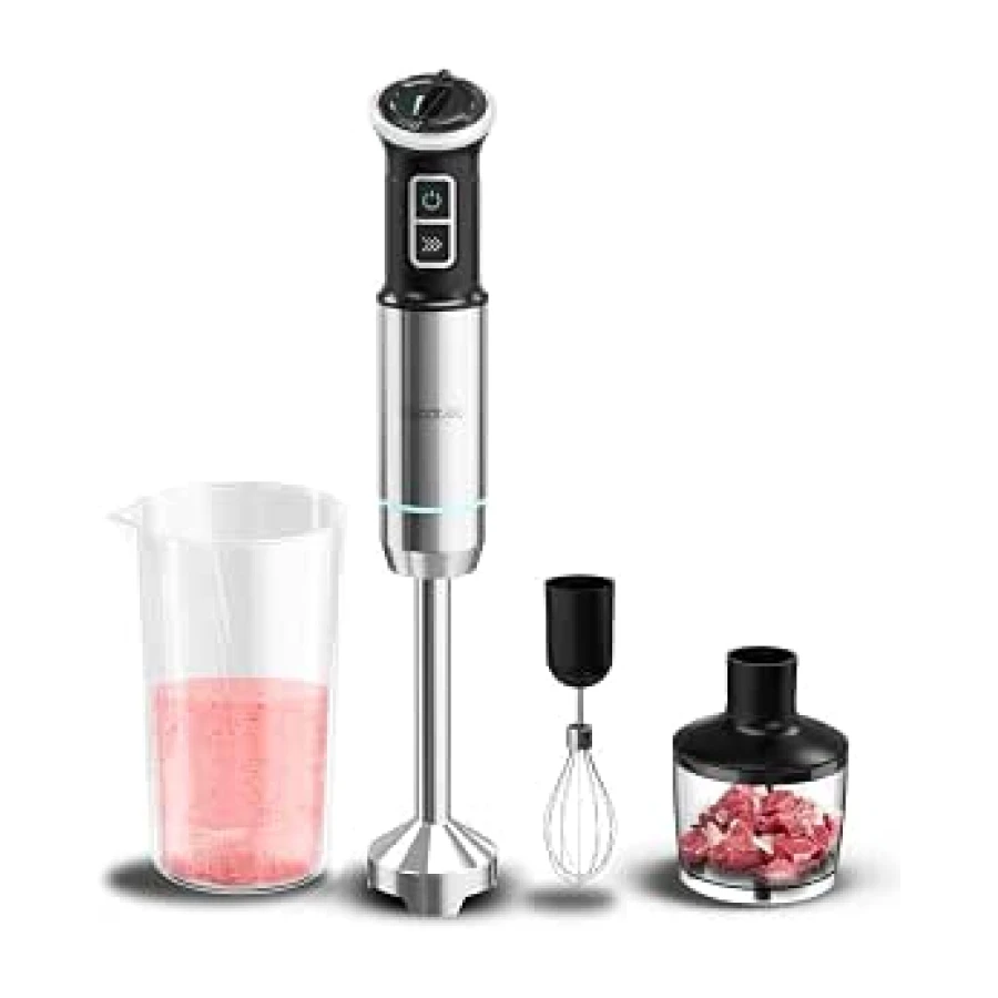 Cecotec Batidora de Mano Power Neutron 1100MAX Pro. 1100W Potencia Máxima, 4 Cuchillas Recubrimiento de Titanio, Velocidad Ajustable, Función Turbo, Pie XL, Vaso 800ml, Picadora y Varilla Montaclaras