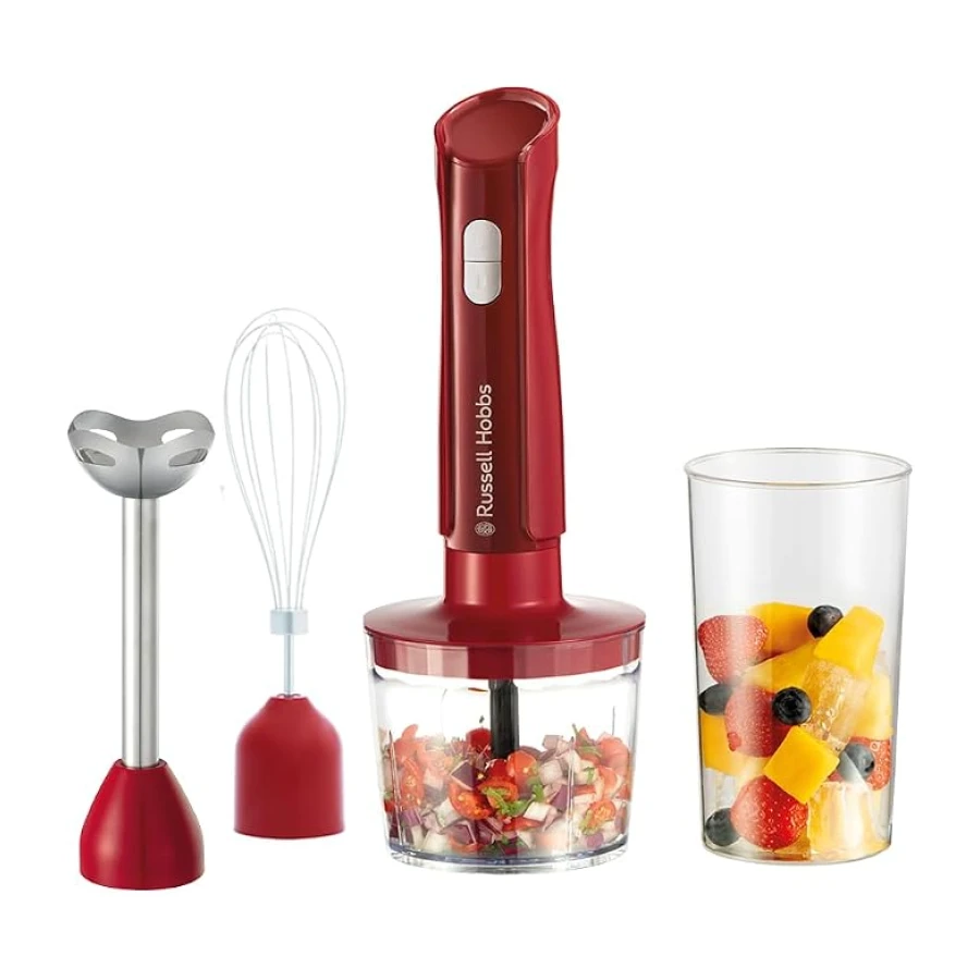 Russell Hobbs Batidora de mano [3 en 1] Desire Red (Triturar, Batir y Picar, Recipiente 500 ml + Vaso 600 ml, Acero inoxidable, 2 Velocidades + Pulso, Sin BPA, Accesorios Aptos Lavavajillas) 27142-56