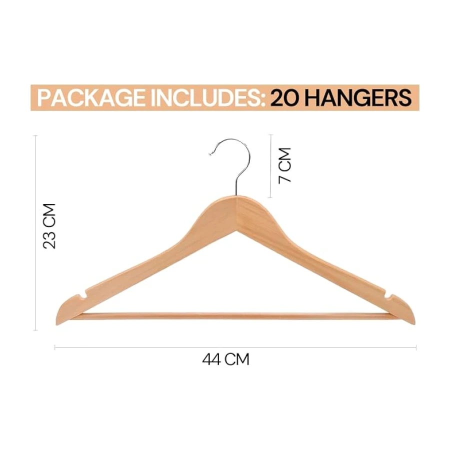 edihome, Perchas Madera, Pack de 20 ó 50, Acabado Liso y Barnizado, para Organizar Ropa, Gancho Giratorio 360, Ranuras para Hombros, de Madera Maciza (Natural, 20 Unidades)
