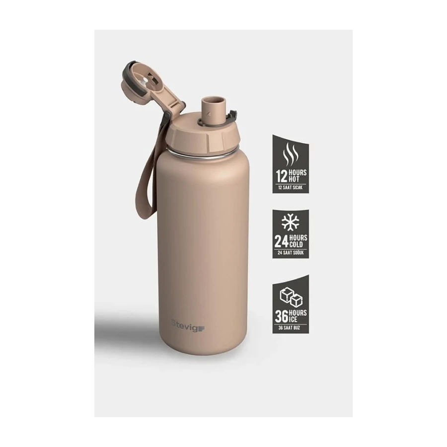 1 Hand Leak-Proof Sızdırmaz Çelik Termos 1000 Ml Lıght Brown ST-217