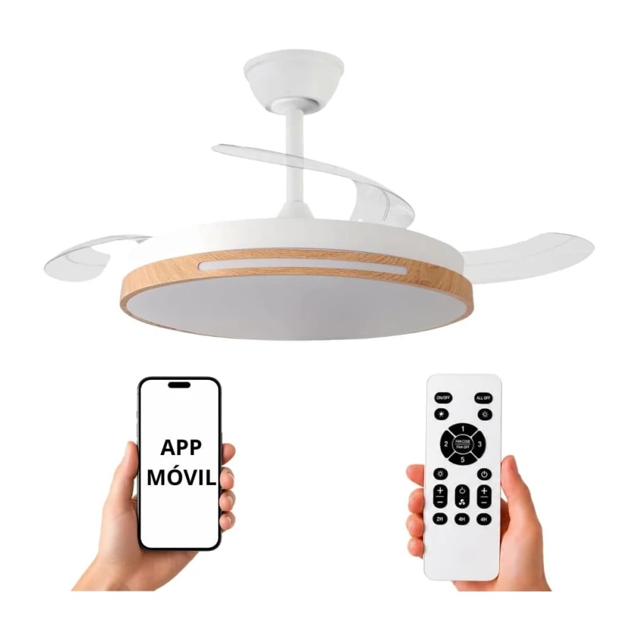 NARVI Ventilador de Techo Blanco y Madera Haya Ø107 cm con Luz LED Regulable, Motor DC Silencioso de Bajo Consumo, Lámpara Ventilador con Mando, 3 Aspas Retráctiles, AUSTRALIA 8936 WDN