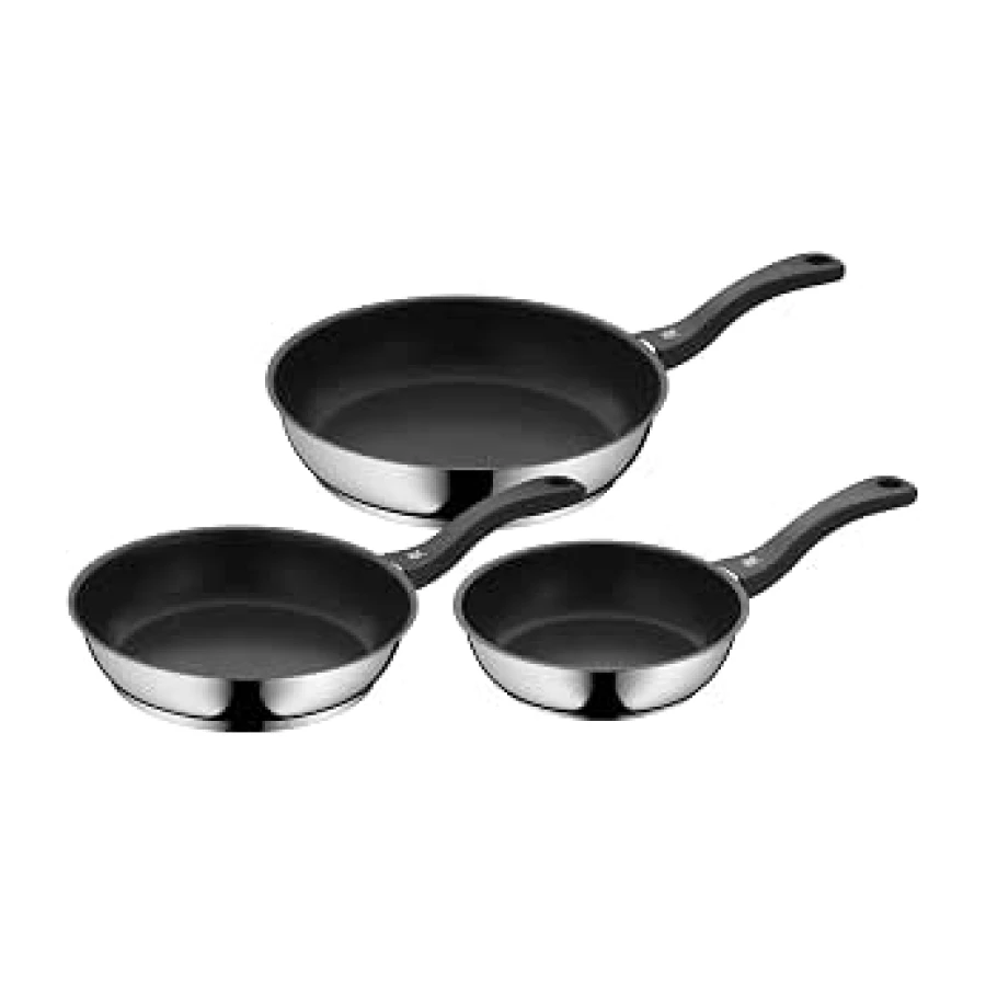 WMF Devil - Juego de 3 Sartenes Antiadherentes 20-24-28 cm, Sartén de Acero Inoxidable y Revestimiento Antiadherente para Todo Tipo de Cocinas Incluido Inducción, Color Negro