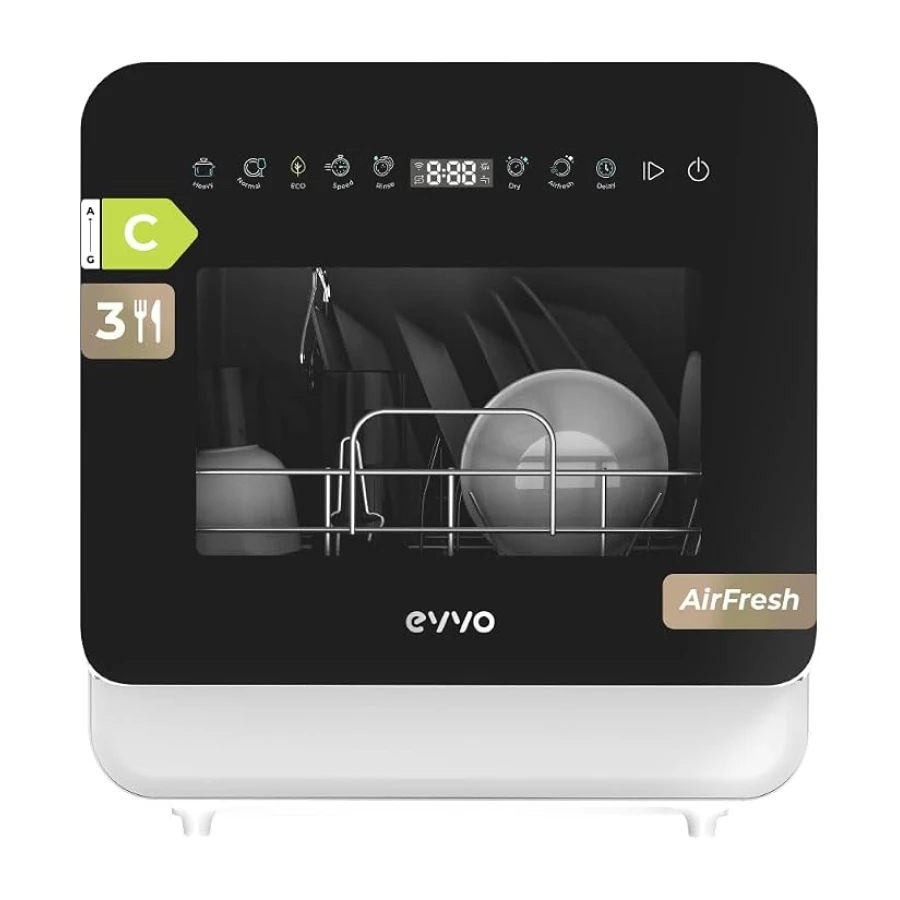 Lavavajillas EVVO Mini D Trip 3 – Lavavajillas Compacto Sobremesa, 3 Servicios, Clase Energética C, 6 Programas, Secado Extra Air Fresh, Panel LED Táctil, Inicio Diferido, Sin Instalación