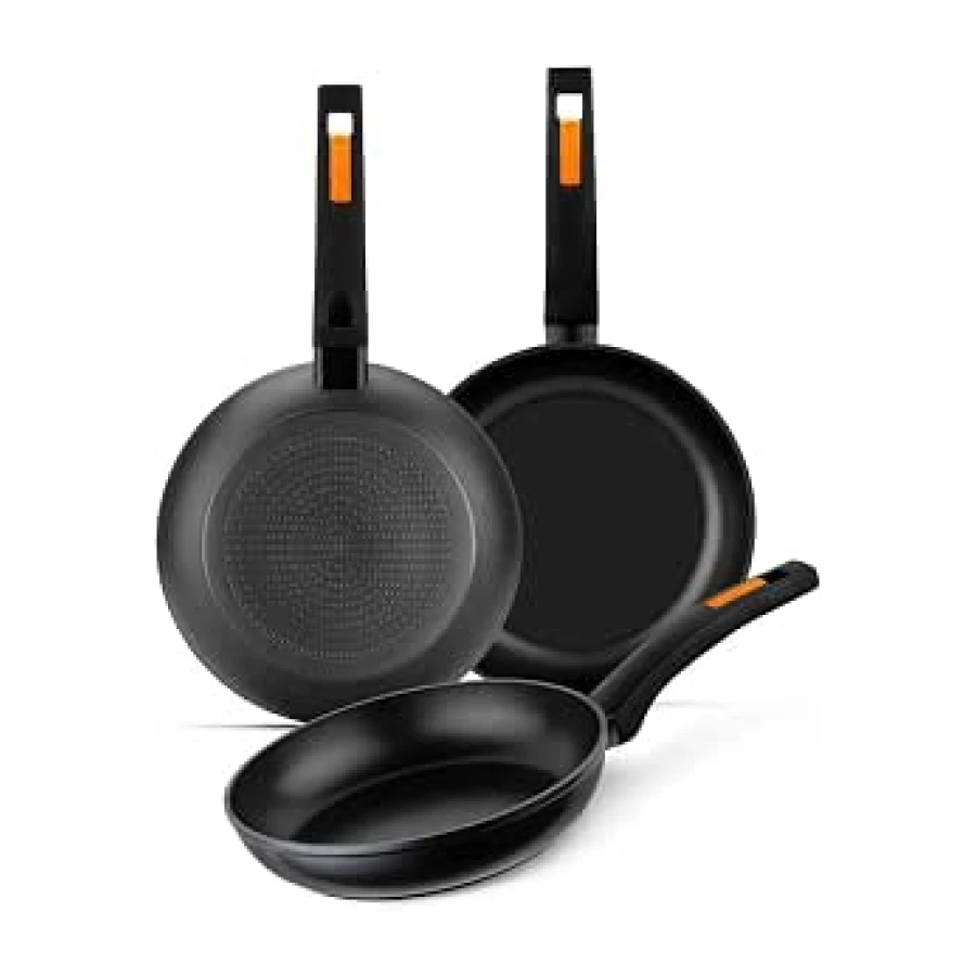 MONIX Fuego | Set 3 sartenes 20-24- 28 cm, aluminio forjado, antiadherente bicapa, sin PFOA, mango baquelita, apta para todo tipo de cocinas incluida inducción