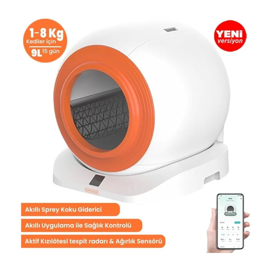 Groove Q-Clean WiFi Otomatik Akıllı Kedi Tuvaleti Turuncu Yeni Versiyon