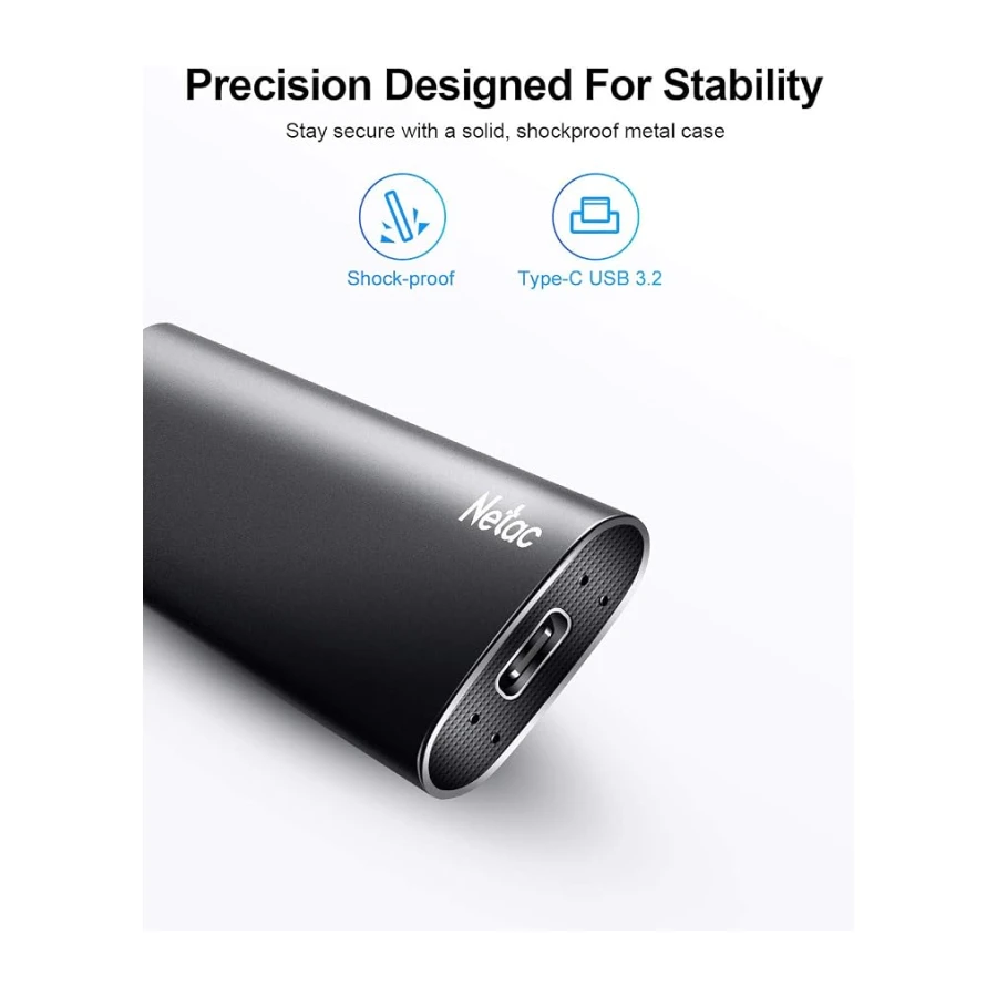 Netac 2TB Portátil SSD Disco Duro Externo USB 3.2 Portátil de Estado Sólido Gen 2 Tipo-C Negro