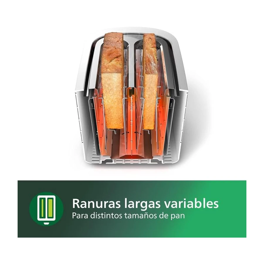 Philips Tostadora de pan 2 Ranuras, 8 Ajustes, Calientabollos, Blanco