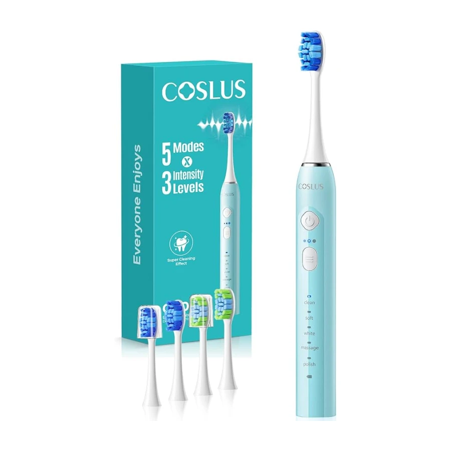 COSLUS C30 Cepillo de Dientes Eléctrico Sónico: 5 Modos con 3 Niveles de Intensidad - Diseñado para Dientes Sensibles - Adecuado para uso Doméstico o de Viaje - Dos Tipos de Cabezales de Cepillo