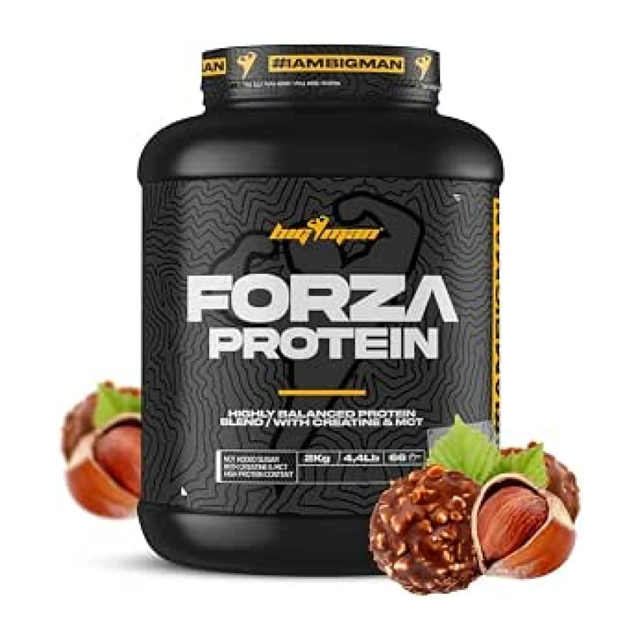 BigMan | Forza Protein 2kg | Proteína 80% | Aislado proteína Soja + Concentrado proteína Whey | Creatina | Alto Contenido en Proteínas y Recuperador (2,1Kg, Choco Avellana)