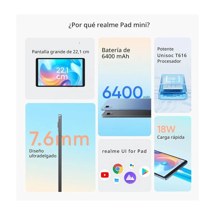 realme Pad mini Wifi 3+32 ,Megabatería de 6400 mAh ,Pantalla grande de 8,7" ,Potente procesador Unisoc T616,Diseño de una sola pieza de aluminio de 7,6 mm,Carga rápida de 18 W,Blue EU tablet