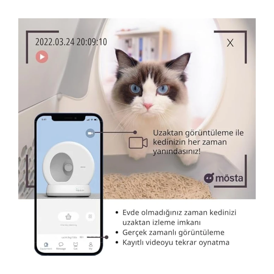 UBPet C10 Pro Kameralı Akıllı Kedi Tuvaleti – Entegre HD Kameralı, Otomatik Temizleme, Mobil Uygulama Kontrolü, Akıllı Sensörler, Sessiz Çalışma, Geniş İç Hacim, Koku Hediyeli