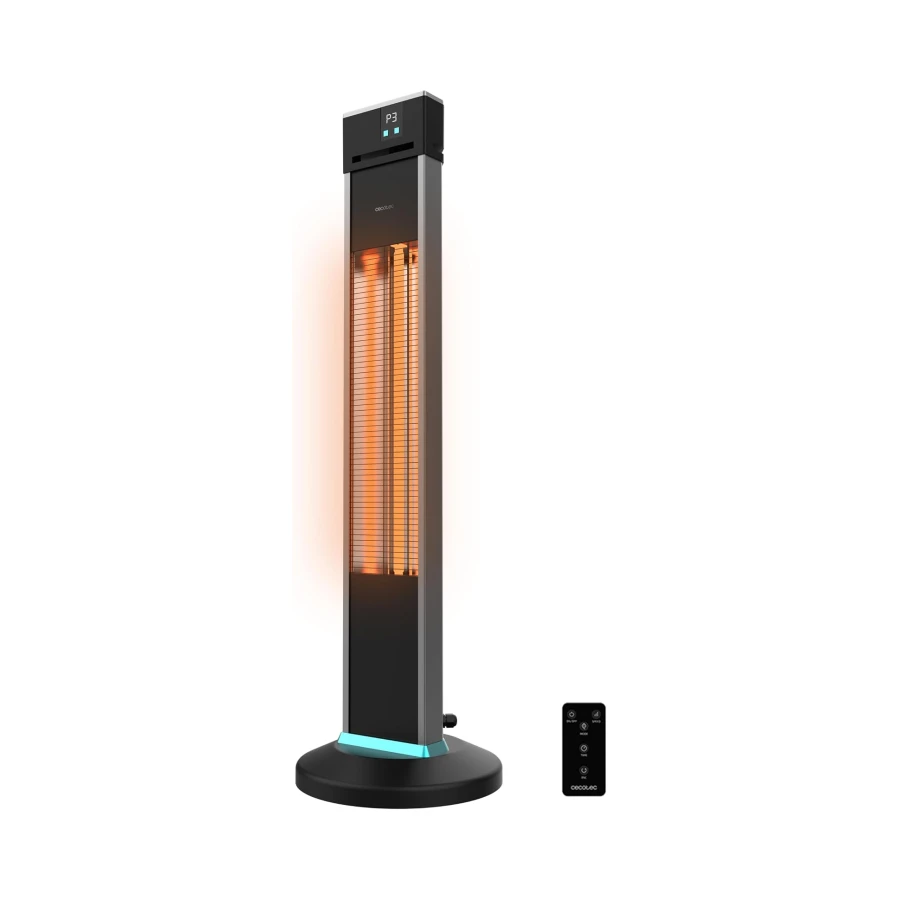 Cecotec Calefactor Eléctrico de Exterior de Torre ReadyWarm 2000 Power Tower. 2000 W en 3 Niveles, Tecnología Halógena, Protección IP34, Mando a Distancia y Display, Área de Cobertura 10 m2