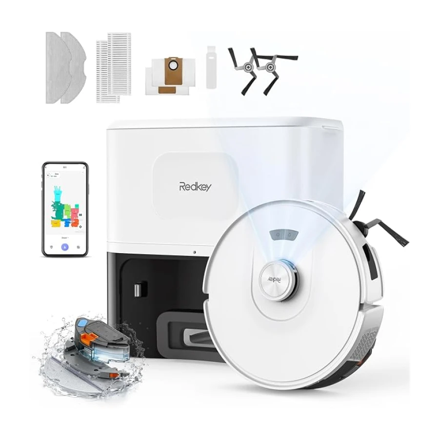Redkey D8 Robot Aspirador y Fregasuelos, 25000Pa Aspirador Robot con Base, 4L Auto-Vaciado, Anti-Enredo de Cabello, Navegación LiDAR, Ideal para Alfombras y Pelos de Mascotas, Voz y aplicación