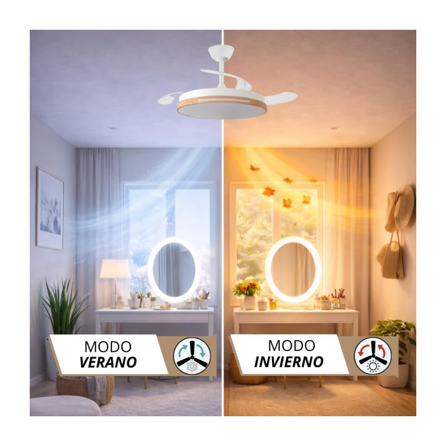 NARVI Ventilador de Techo Blanco y Madera Haya Ø107 cm con Luz LED Regulable, Motor DC Silencioso de Bajo Consumo, Lámpara Ventilador con Mando, 3 Aspas Retráctiles, AUSTRALIA 8936 WDN