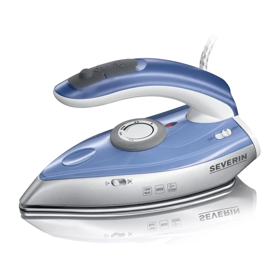 SEVERIN Plancha de Viaje, planchado a vapor y en seco, chorro de vapor vertical, Bitensión 115/230 V, 1000 W, 50 ml, Dimensiones 20 x 9,2 x 11 cm, Azul/Plateado BA 3234