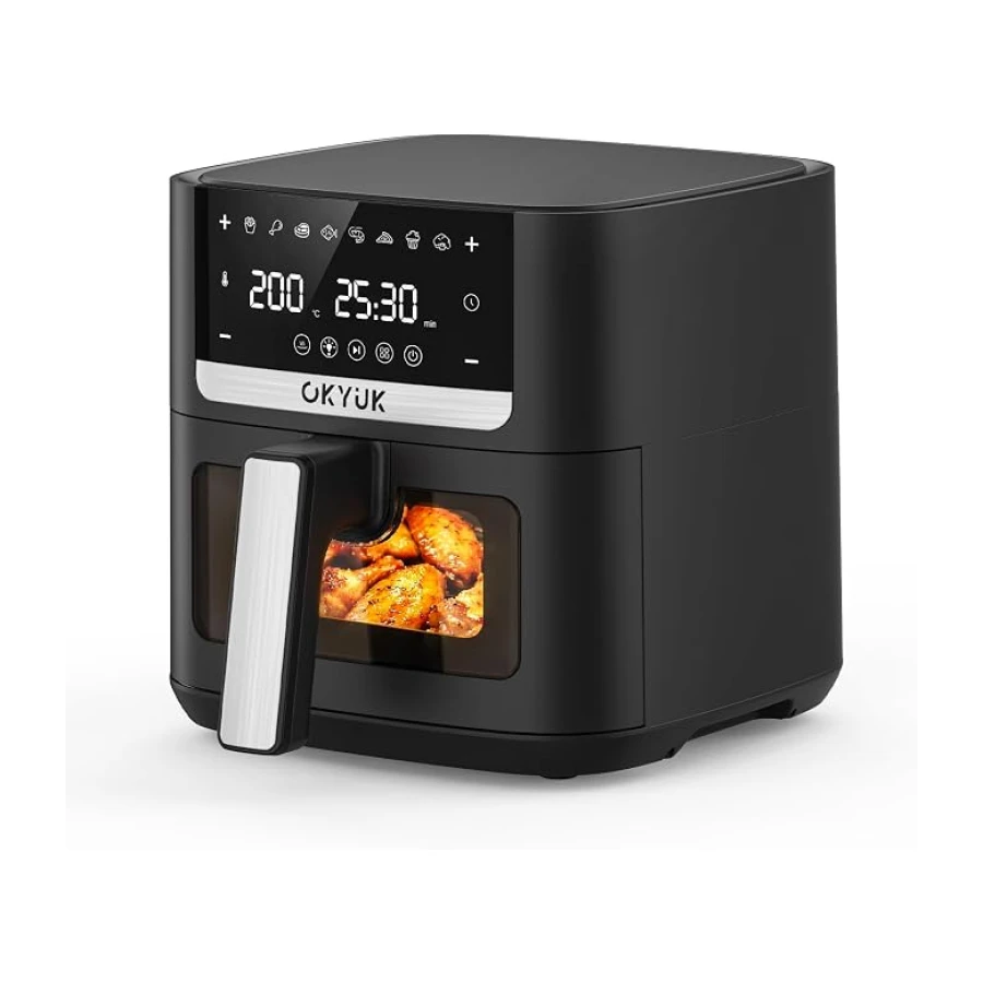 OKYUK Air Fryer 6L, Freidora de Aire, Freidora Aire Ventana Visualización, Freidora sin aceite, 8 programas, pantalla LED digital, temporizador, fácil de usar, Temperatura 80-200°C