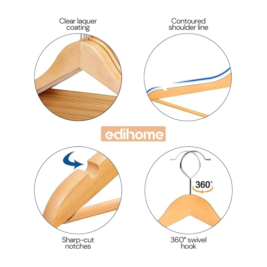 edihome, Perchas Madera, Pack de 20 ó 50, Acabado Liso y Barnizado, para Organizar Ropa, Gancho Giratorio 360, Ranuras para Hombros, de Madera Maciza (Natural, 20 Unidades)