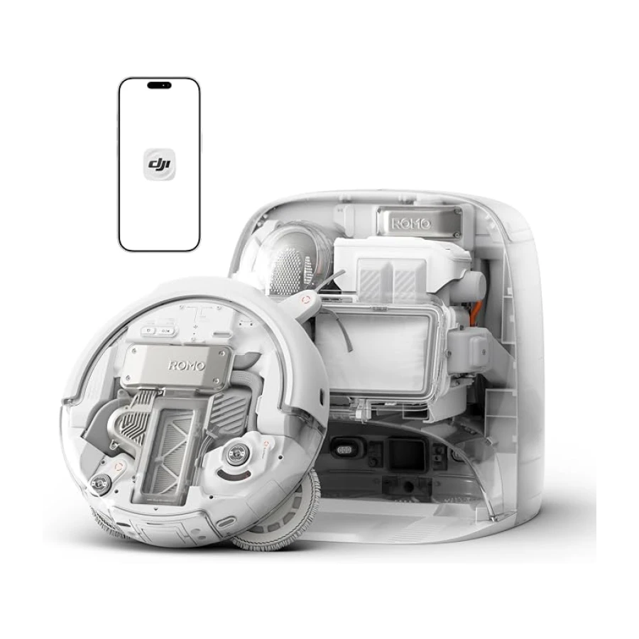 DJI Robot Aspirador y mopa Romo P | Diseño transparente del robot y la base de carga, Succión de 25 000 Pa, Detección de obstáculos a nivel de dron