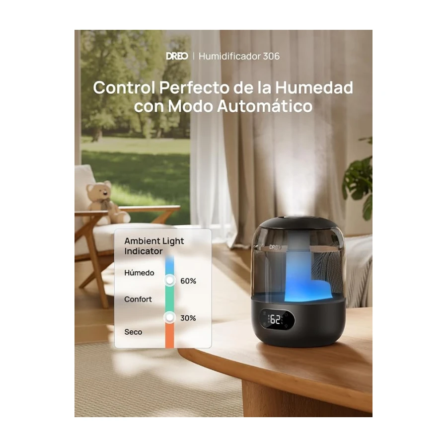 DREO Humidificador Bebés 3L con Sensor de Humedad, 26dB Silencioso, Negro