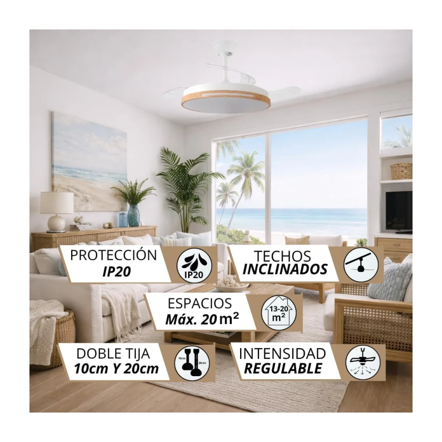 NARVI Ventilador de Techo Blanco y Madera Haya Ø107 cm con Luz LED Regulable, Motor DC Silencioso de Bajo Consumo, Lámpara Ventilador con Mando, 3 Aspas Retráctiles, AUSTRALIA 8936 WDN