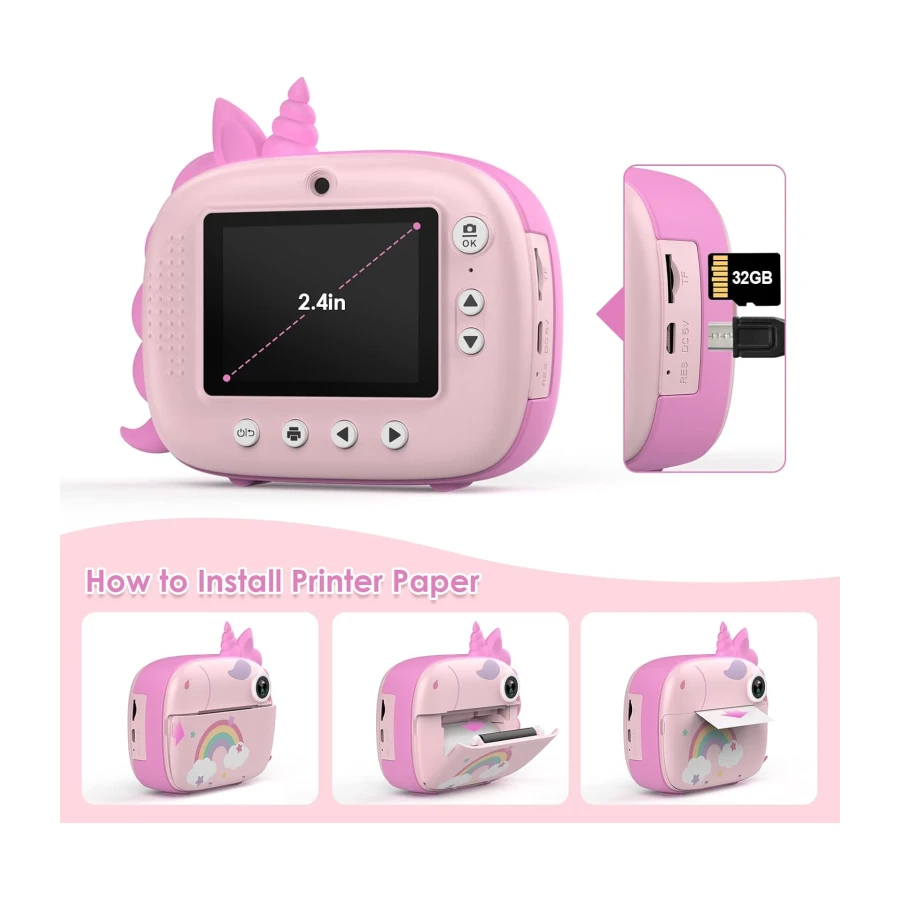 HiMont - Cámara infantil digital instantánea con papel de impresión y tarjeta TF de 32 GB, cámara de vídeo, lápices de colores, clips de fotos para manualidades, regalo, de 3 a 14 años, color rosa