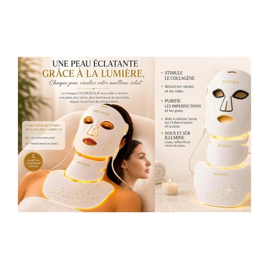 Mascarilla LED Cara y Cuello – Dispositivo de Fototerapia de 7 colores, Cuidado antienvejecimiento, ayuda a reducir la apariencia de las arrugas, mejora el brillo de la piel, uso en el hogar