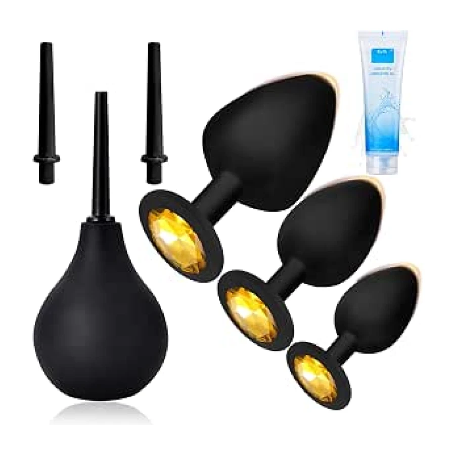 Plug Anal para Mujeres y Hombres, Set de Ducha de Silicona, 3 Accesorios, Set de Plug Anal con Lubricante, Plugs Anales de Silicona, Grande, Mediano y Pequeño, para Principiantes