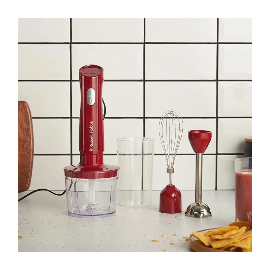 Russell Hobbs Batidora de mano [3 en 1] Desire Red (Triturar, Batir y Picar, Recipiente 500 ml + Vaso 600 ml, Acero inoxidable, 2 Velocidades + Pulso, Sin BPA, Accesorios Aptos Lavavajillas) 27142-56