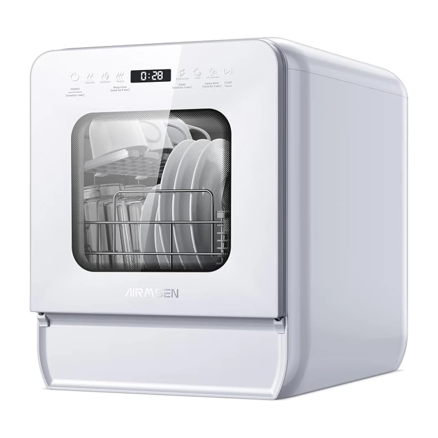 AIRMSEN Lavavajillas de Encimera Mini Lavavajillas con Tanque de 5L, 7+2 Programas Diseño Ultra Estrecho (37x50cm) y Gran Profundidad Lavavajillas Compacto Rociado Dual 360° Blanco (Blanco)