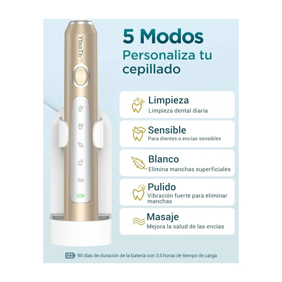 Cepillo de Dientes Eléctrico Sónico para Viajar - Cepillo Electrico Adultos Infantil con 8 Cabezales y Estuche, 5 Modos, IPX7 Impermeable, Cepillos de Dientes Eléctricos Ultrasónicos, Dorado