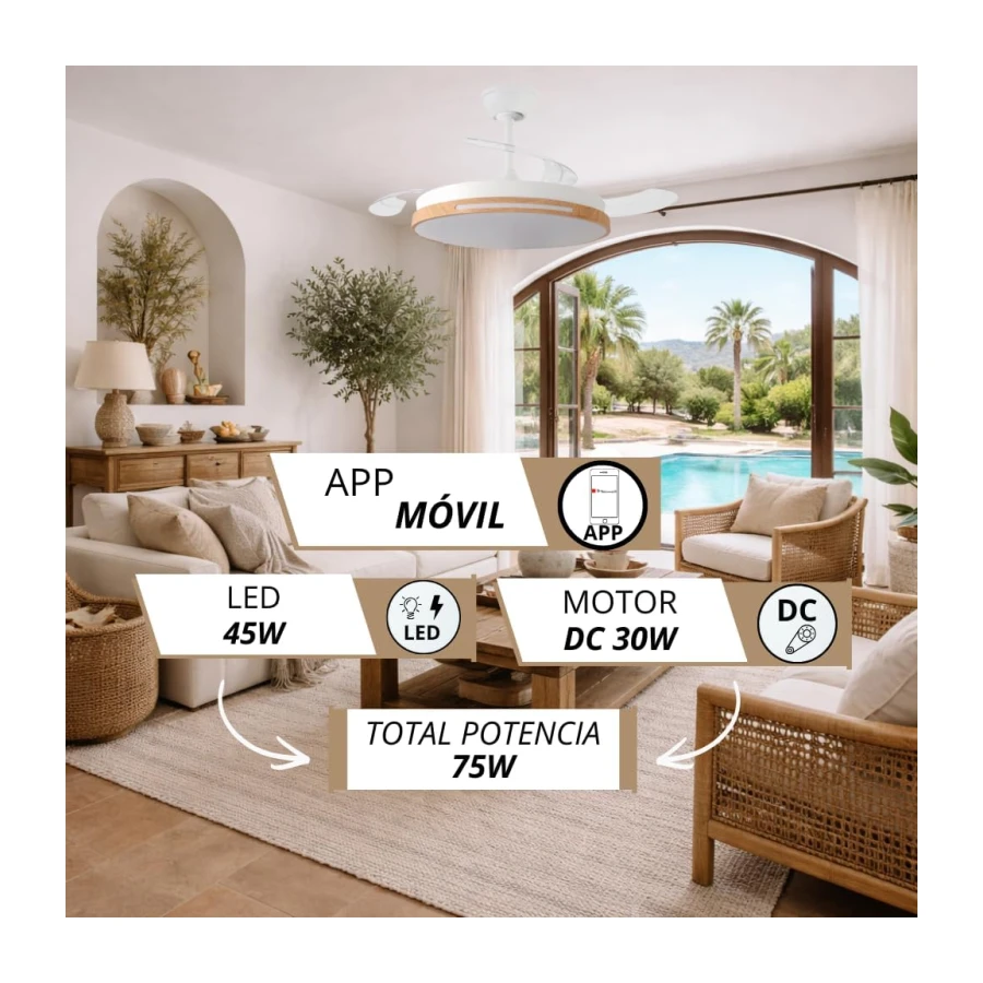 NARVI Ventilador de Techo Blanco y Madera Haya Ø107 cm con Luz LED Regulable, Motor DC Silencioso de Bajo Consumo, Lámpara Ventilador con Mando, 3 Aspas Retráctiles, AUSTRALIA 8936 WDN