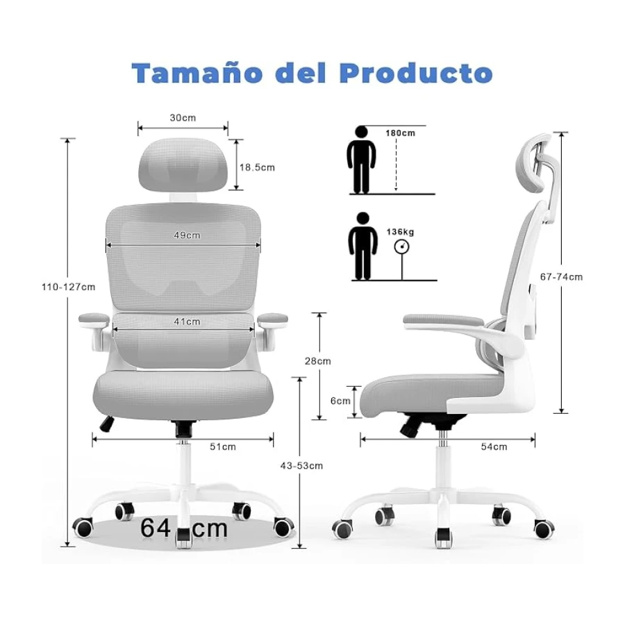 naspaluro Silla Oficina Ergonómica Soporte Lumbar, Malla Transpirable 136kg | Silla Escritorio Oficina con Reposacabezas Regulable, Altura Regulable, Reposabrazos Para Oficina y Hogar, Mejora Gris