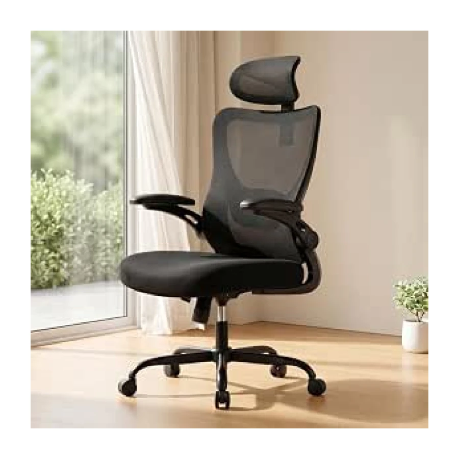 Marsail Silla Oficina Ergonómica, Silla Escritorio Ergonómica con Reposacabezas 2D, Soporte Lumbar 2D, Reposabrazos Plegables 3D, Asiento 8 cm, Altura Regulable, Función Basculante, hasta 136 kg