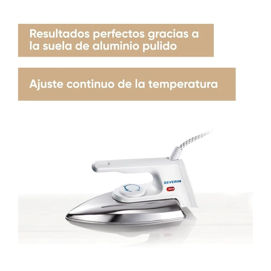 SEVERIN Plancha de mano sin vapor con suela de aluminio pulido y regulación continua de la temperatura, Mini plancha ligera de 600 g con protección contra dobleces del cable, blanca, BA 3211