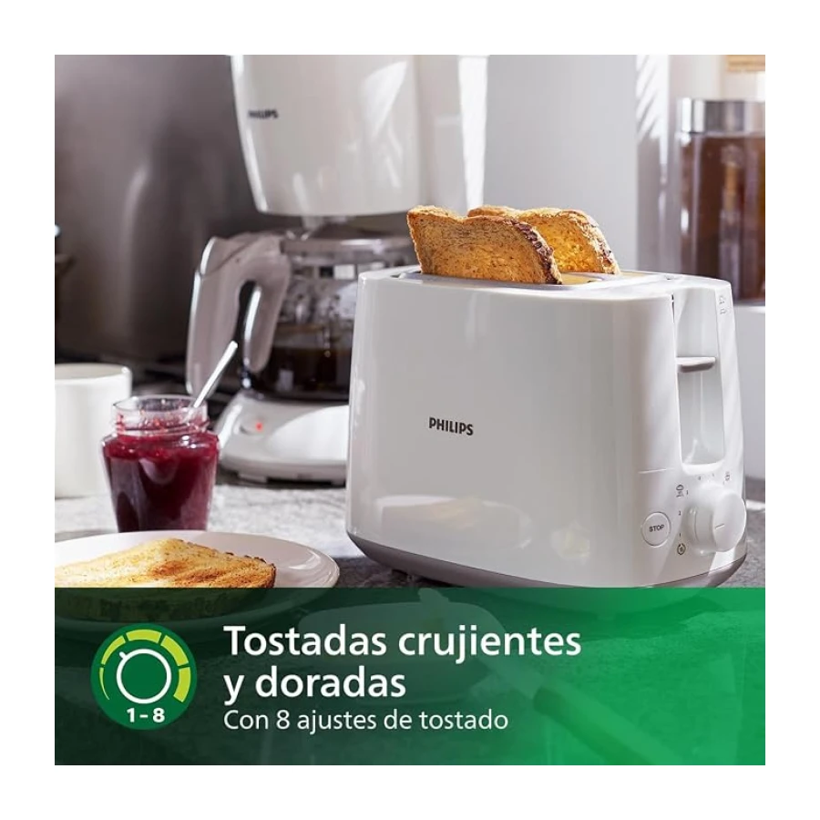 Philips Tostadora de pan 2 Ranuras, 8 Ajustes, Calientabollos, Blanco