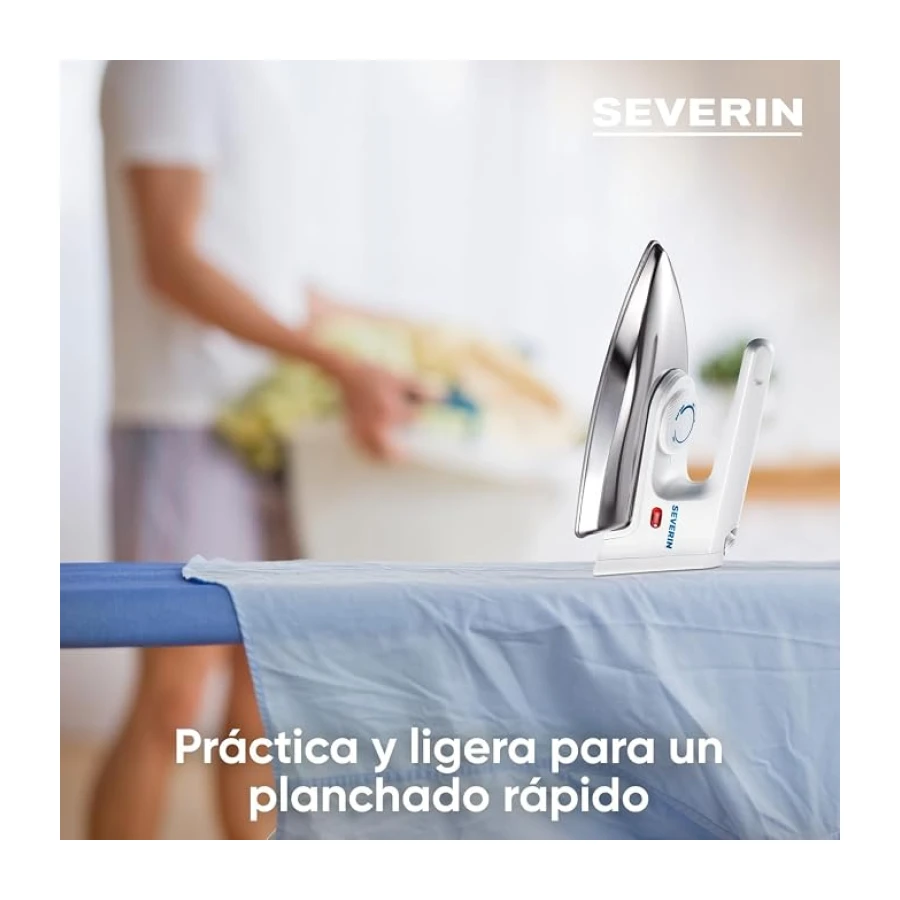 SEVERIN Plancha de mano sin vapor con suela de aluminio pulido y regulación continua de la temperatura, Mini plancha ligera de 600 g con protección contra dobleces del cable, blanca, BA 3211