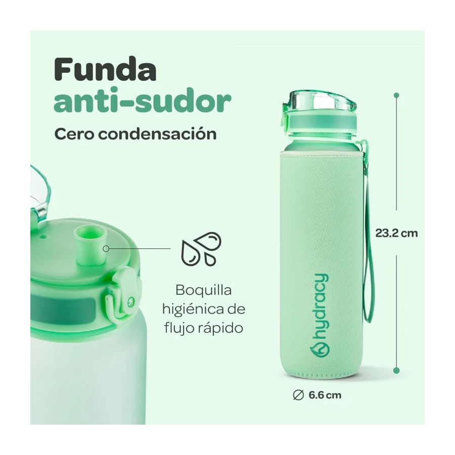 Hydracy Botella de Agua con Marcador de Tiempo - 500 mL Botella de Agua Deportiva sin BPA - Botella de Gimnasio Antifugas con Funda Antitranspirante e Colador de Infusión
