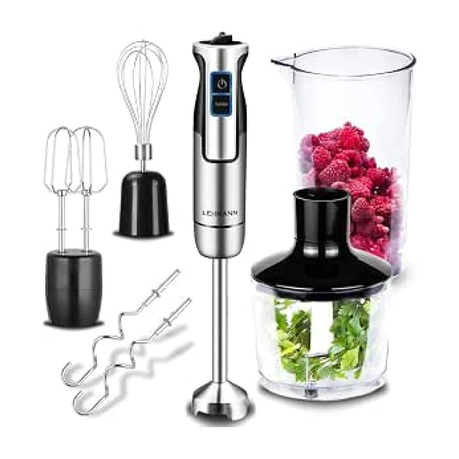 LEHMANN Batidora de mano multifunción 5 en 1, Potencia 1200W, Acero inoxidable, 8 velocidades ajustables + función Turbo, 6 Accesorios incluidos, Picadora 500 ml & Vaso medidor 860 ml, Libre de BPA