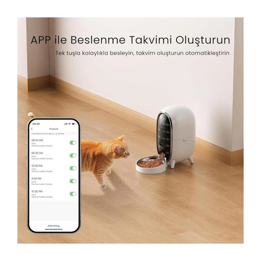 Meow Pure Akıllı Otomatik Kedi Mama Kabı, 3L Kapasiteli, WiFi Kameralı, Mobil Uygulama Kontrollü, Sesli Komutlu, Beyaz