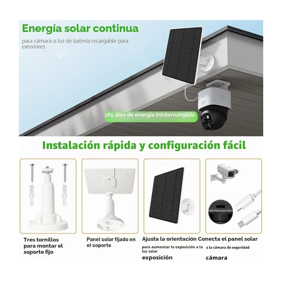 Panel Solar para Cámara de Seguridad 5W, con Micro USB y Puerto USB-C
