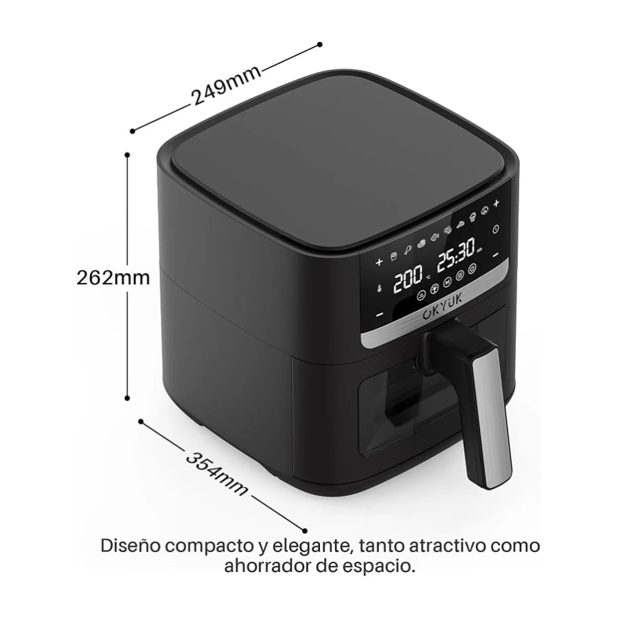 OKYUK Air Fryer 6L, Freidora de Aire, Freidora Aire Ventana Visualización, Freidora sin aceite, 8 programas, pantalla LED digital, temporizador, fácil de usar, Temperatura 80-200°C