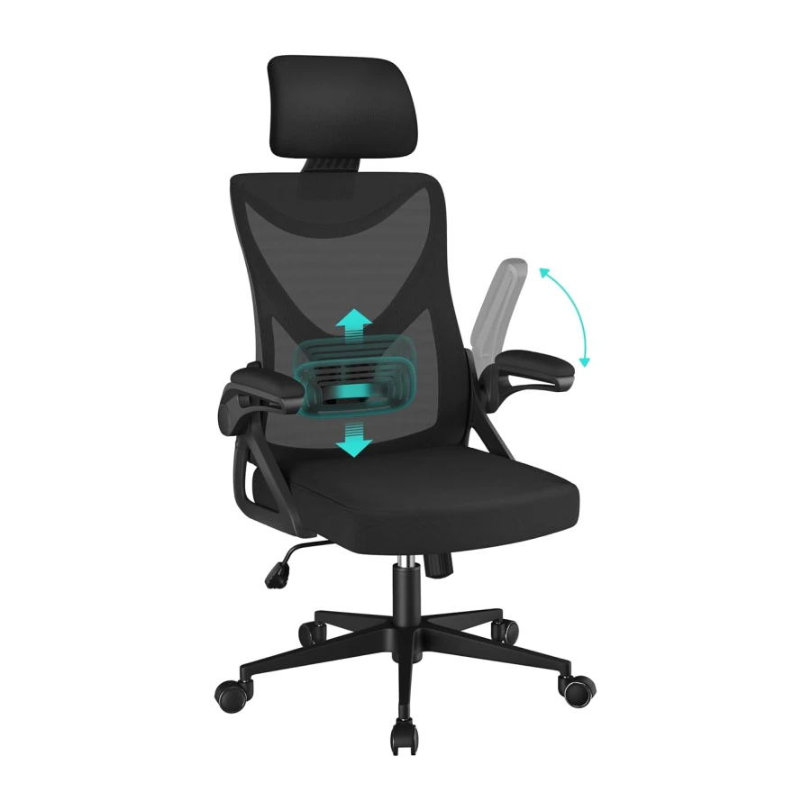 Yaheetech Silla de Oficina Ergonomica con Soporte Lumbar Escritorio Negro | Reposabrazo Reposacabeza Ajustable, Base Giratoria de 70 cm, Malla Transpirable, Capacidad Max 150KG
