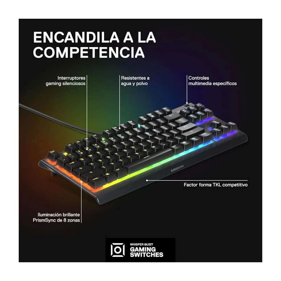 SteelSeries Apex 3 TKL - Teclado Gaming - Factor forma compacto TKL de esports - Iluminación RGB de 8 zonas - Teclado americano (QWERTY)