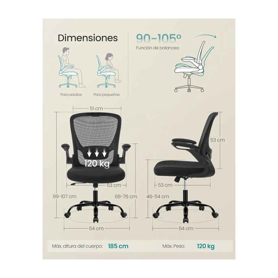 SONGMICS Silla de Oficina, Silla de Escritorio de Malla, Silla Giratoria Ergonómica, Soporte Lumbar, Oscilante, Asiento de 53 cm, Apoyabrazos Abatibles, Negro OBN037BKV2