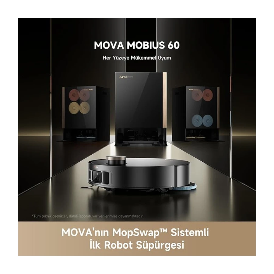 MOVA MOBIUS 60 MopSwap™ Sistemli Robot Süpürge, 30.000 Pa Emiş Gücü, Dinamik Emiş Koruma Sistemi, 8 cm’ye Kadar Engel Aşma, 100 °C ile Yıkama Sistemi, 3 Yıl Garanti