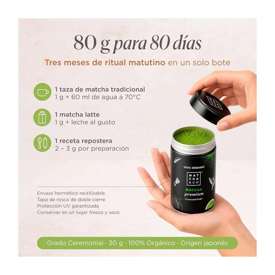 Matcha & CO Té Matcha en Polvo Premium 100% Ecológico, Orgánico y Natural 80g – Té Verde en Polvo Ceremonial de Japón