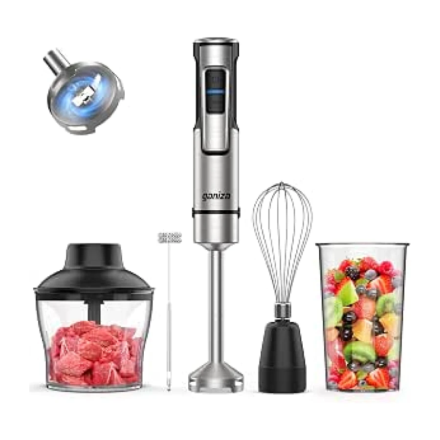 Ganiza Batidora de Mano 5 en 1, 1200 W, con control de velocidad y función turbo, Acero inoxidable e incluye picadora, batidor de varillas, espumador de leche y vaso medidor