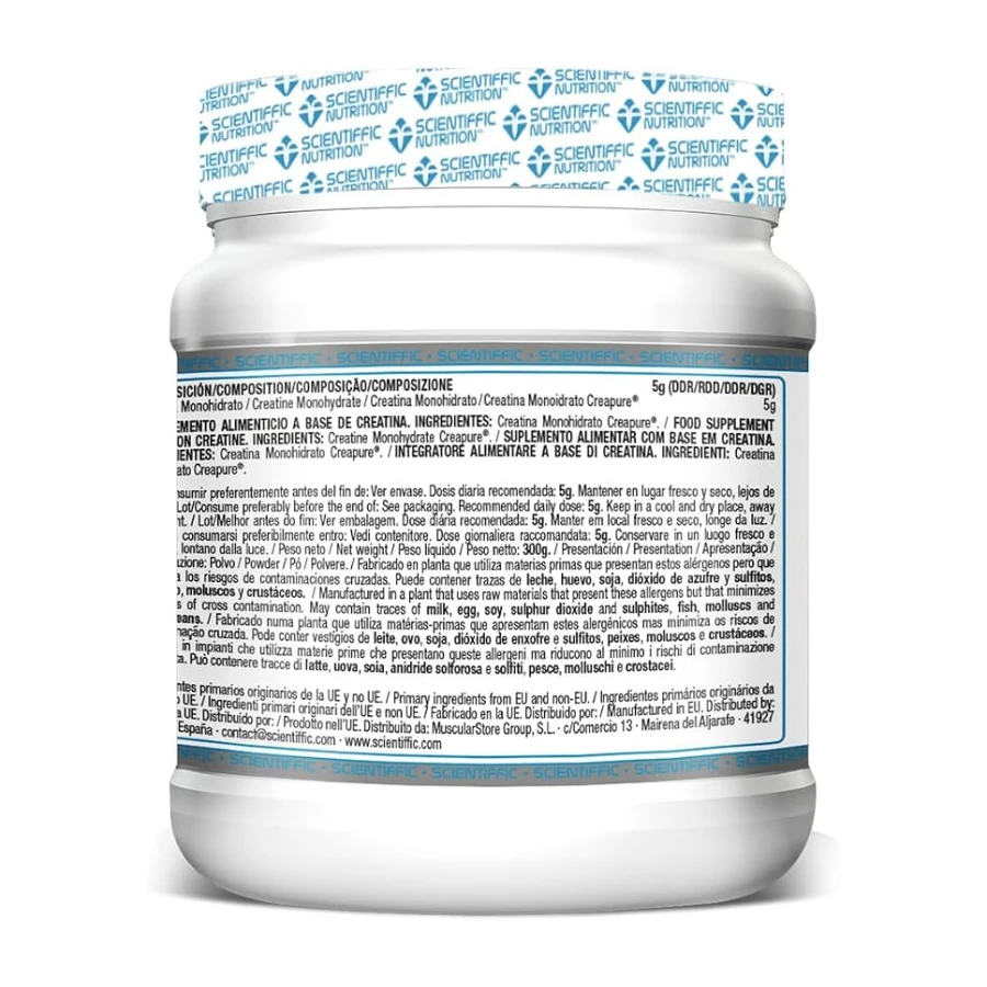 Scientiffic Nutrition - Creatine 100% Creapure, Creatina Monohidratada en Polvo para el Pre Entreno, Aumentar Masa Muscular y Resistencia, Gran Solubilidad - 300g