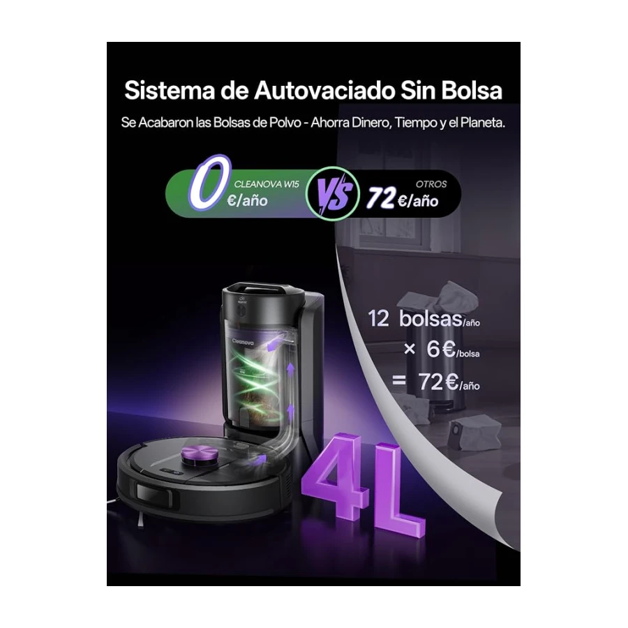 Vexilar W15 Robot Aspirador y Fregasuelos 10000Pa, Aspirador Fregadora Potente con 5 Mapa Inteligente,Autonomía 180Min, Fácil Programa, 4L Base Autovaciado sin Bolsa, para Suelos/Alfombras/Partícula